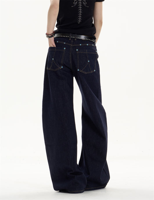 Pantalones Jeans Azul Oscuro Retro Corte Recto Ancho Casual - Image 15