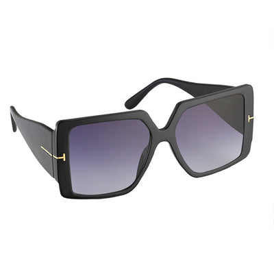New ladies fashion personality black oversized square sunglasses with gradient lenses and gold-tone 'T' accents. - Image 2
