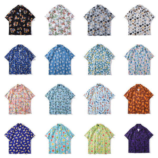 Camisa Estampada Cuello Cubano Vintage Casual de Manga Corta Unisex