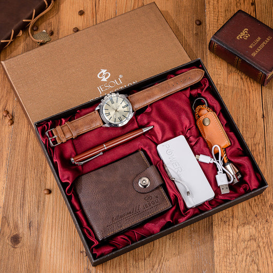 Set de Regalo Premium para Hombre: Cartera, Power Bank, Llavero y Reloj de Cuarzo