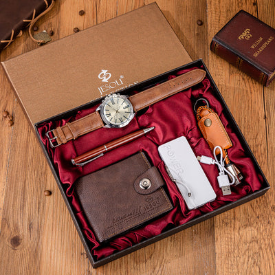 Set de Regalo Premium para Hombre: Cartera, Power Bank, Llavero y Reloj de Cuarzo