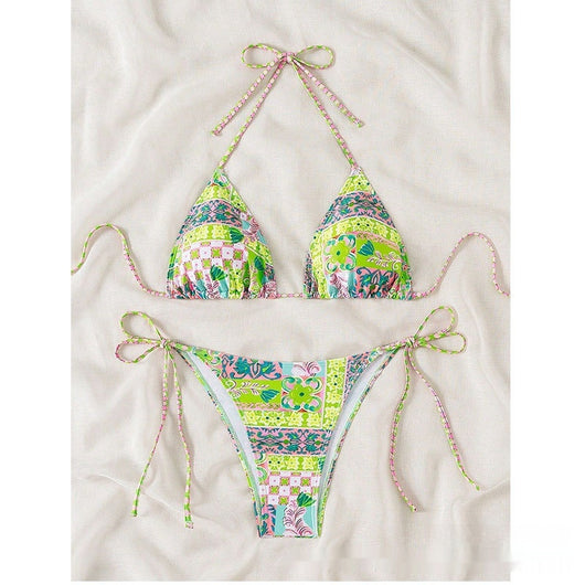 Female creative minimally printed split bikini set with a vibrant bohemian pattern and tie-side bottoms. - Image 4