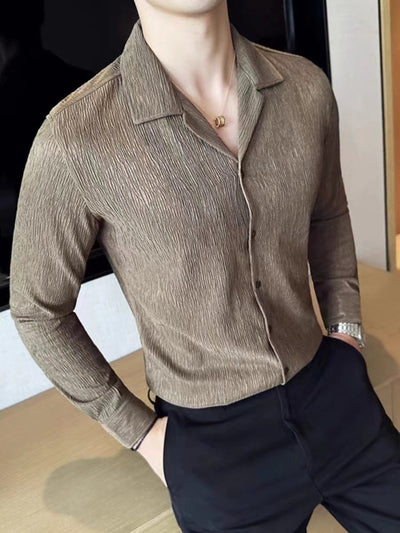 Camisa Manga Larga Cuello Cubano con Pliegues para Hombre - Image 20