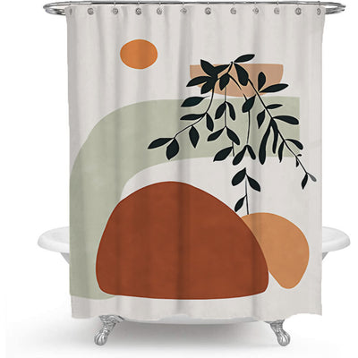 Modern geometric shower curtain with abstract shapes in brown, orange, and green, featuring a black botanical print. - Image 5
