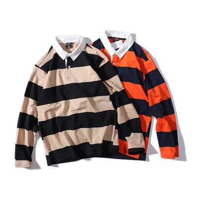 Suéter Rayas con Solapa Cuello Camiseta Manga Larga Hombre - Image 7