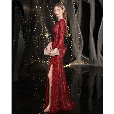 Vestido de Noche Sirena Rojo con Detalles de Pedrería - Image 3