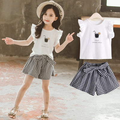 Conjunto Infantil Niña Estilo Coreano: Blusa Manga Corta y Short a Cuadros con Moño - Image 6