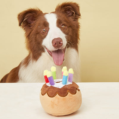 Plush pet birthday cake toy with colorful candles, featuring brown cake layers and white frosting. - Image 8