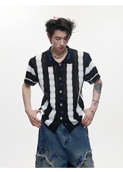 Camisa Retro de Punto Patchwork a Rayas para Hombre - Image 5