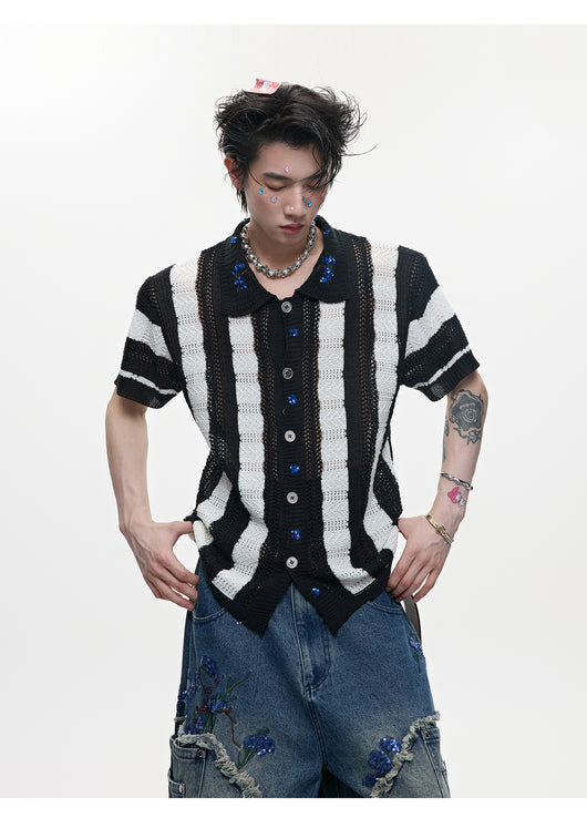 Camisa Retro de Punto Patchwork a Rayas para Hombre - Image 5