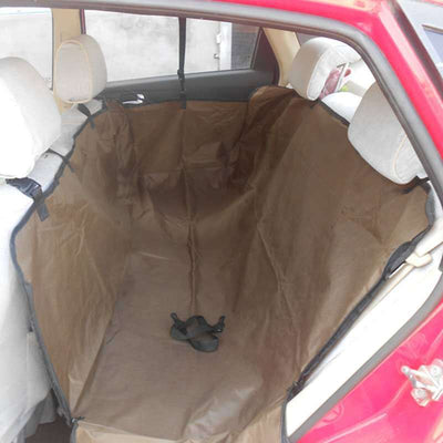 Brown waterproof car pet seat cover installed in the back seat of a red car, protecting upholstery from pets. - Image 11