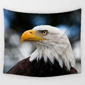 Close-up tapestry of a bald eagle's head and upper body, featuring its white head, yellow beak, and dark feathers.