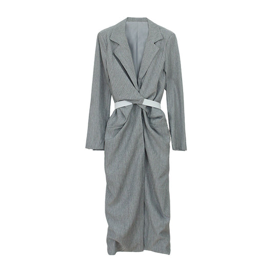 Vestido Gris Coreano Cuello V Cintura Marcada Largo Medio - Image 5