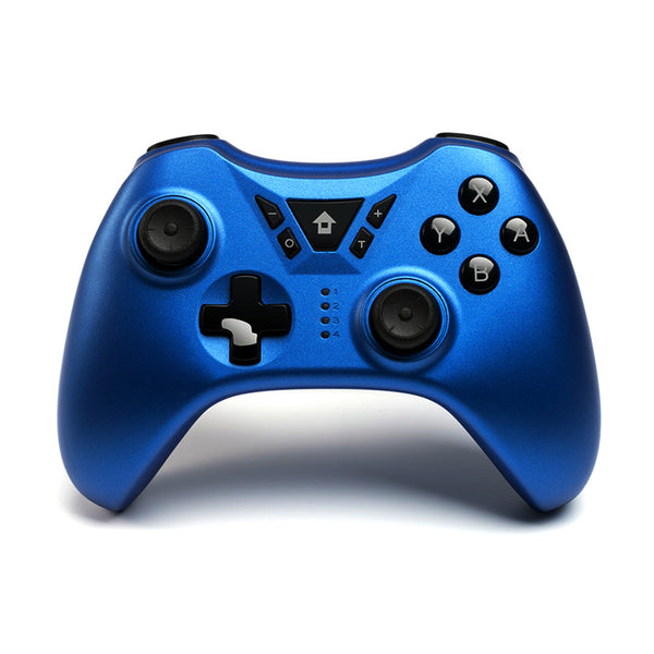 Dark gray wireless gamepad with black buttons, red analog stick accents, and a D-pad, for multi-platform gaming.