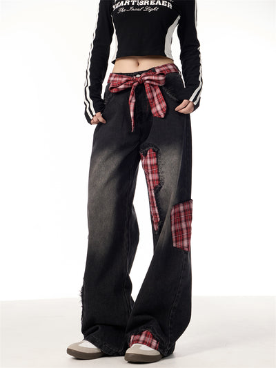 Pantalones Jeans Rectos Anchos para Mujer con Cuadros y Moño - Image 16