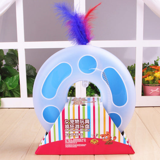 Interactive cat toy with a yellow and white circular ball track base and a spring-mounted feather wand. - Image 5