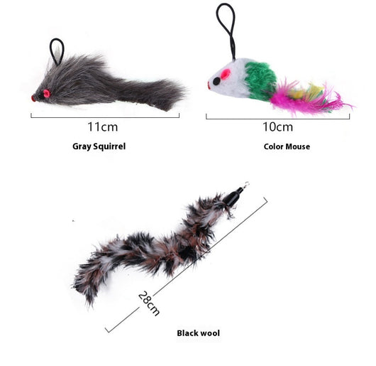 Cat sucker teaser toy with a blue butterfly, gray mouse, and light blue feathers on a black suction cup base. - Image 25