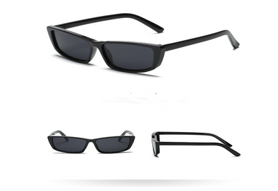 Black retro square sunglasses with small rectangular lenses, shown from top, front, and side views. - Image 5