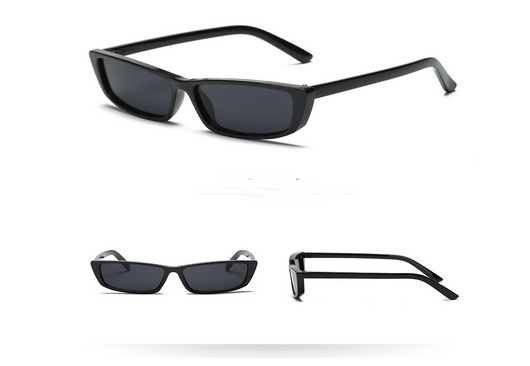 Black retro square sunglasses with small rectangular lenses, shown from top, front, and side views. - Image 5