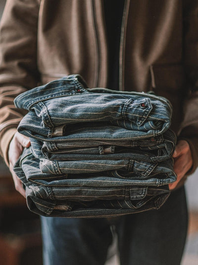 Camisa Denim Vintage a Rayas Verticales Manga Larga para Hombre - Image 10