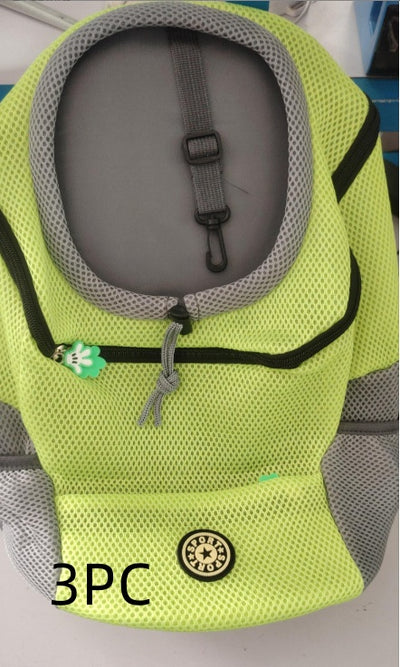 Lime green mesh pet backpack with grey trim, black zipper, and internal leash clip, shown from the front. - Image 24