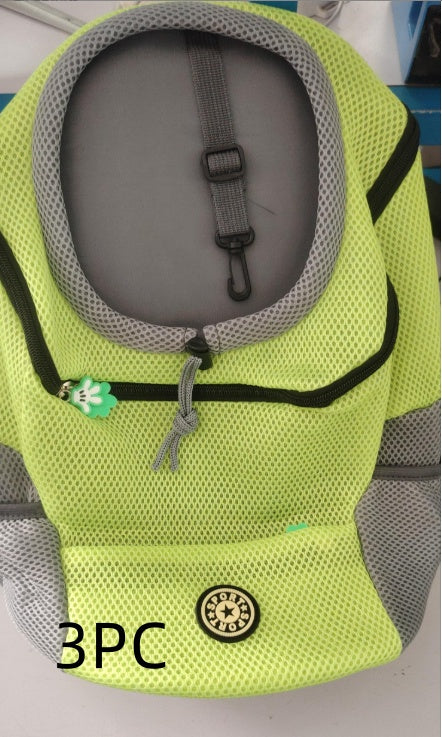Lime green mesh pet backpack with grey trim, black zipper, and internal leash clip, shown from the front. - Image 24