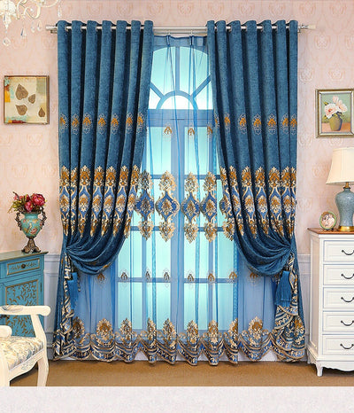 Purple chenille velvet curtains with gold embroidery, tied back to reveal a sheer embroidered curtain behind. - Image 15