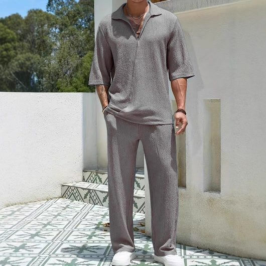 Conjunto Casual de Dos Piezas: Camisa Manga Corta y Pantalón Color Sólido - Image 8