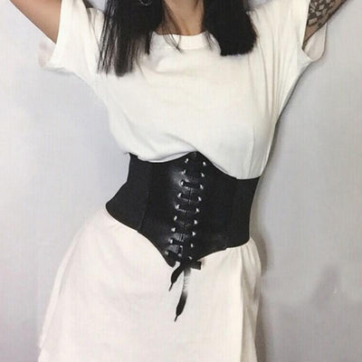 Red wide waist belt with a lace-up front design and elasticated sides, perfect for cinching the waist. - Image 4