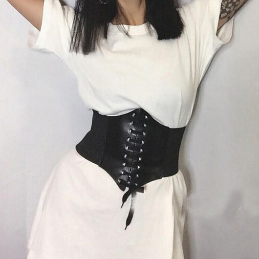 Red wide waist belt with a lace-up front design and elasticated sides, perfect for cinching the waist. - Image 4