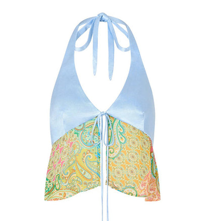 Halterneck two-piece swimsuit with a vibrant paisley print in blue, green, orange, and pink, featuring light blue straps. - Image 6
