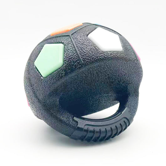 Black and white soccer ball dog toy with a textured handle, designed for interactive play and self-amusement. - Image 17