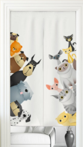 White fabric door curtain with a 'Hello Spring' design featuring a cute rabbit, colorful floral wreath, and mushroom.