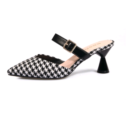 Sandalias de Tacón Alto Estilo Coreano con Diseño Cuadros - Pantuflas Puntiagudas para Mujer