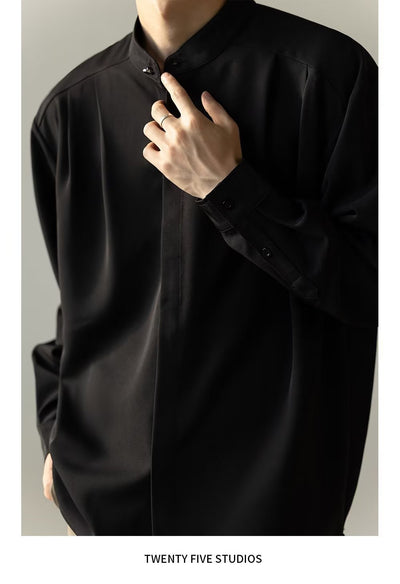 Camisa Casual Holgada de Manga Larga con Cuello Alzado para Hombre - Image 17