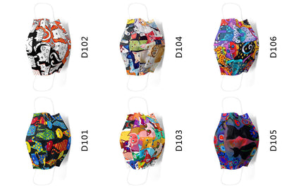 Disposable face mask with a colorful, artistic cartoon cat print and white ear loops. - Image 12