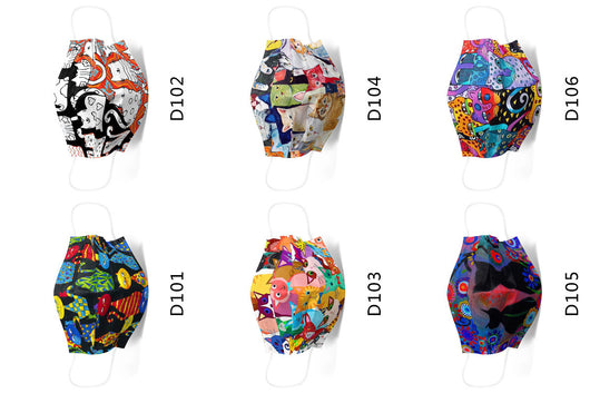 Disposable face mask with a colorful, artistic cartoon cat print and white ear loops. - Image 12