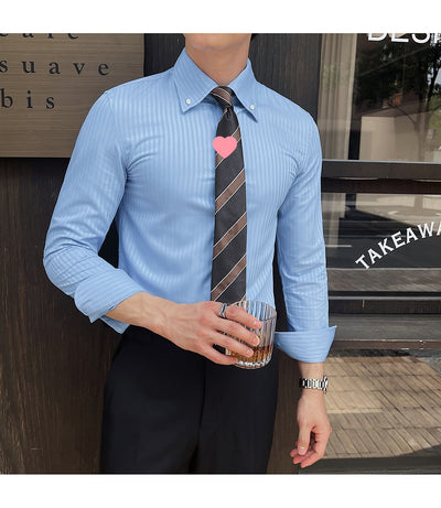 Camisa de Vestir Manga Larga a Rayas para Hombre con Cuello Italiano - Image 11