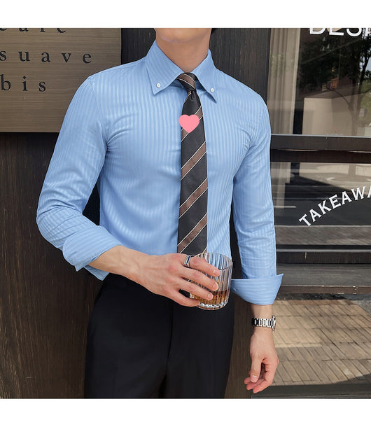 Camisa de Vestir Manga Larga a Rayas para Hombre con Cuello Italiano - Image 11