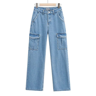 Jeans Azul Lavado Talle Alto Pierna Ancha con Bolsillos Decorados para Mujer