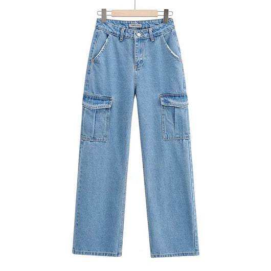 Jeans Azul Lavado Talle Alto Pierna Ancha con Bolsillos Decorados para Mujer