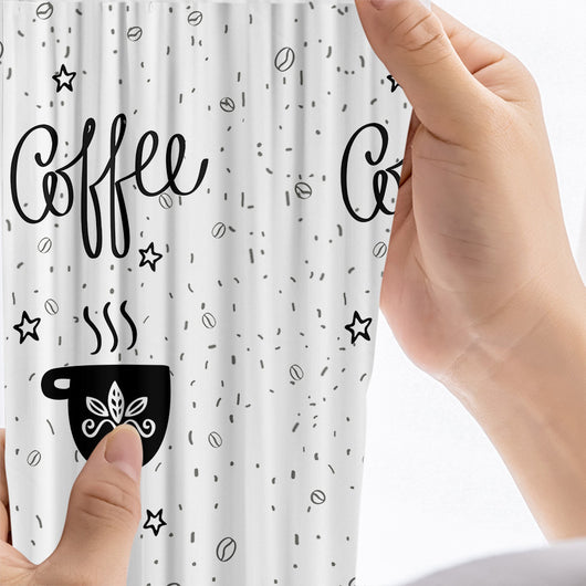 White polyester curtains with a black and white cartoon coffee print, featuring "Coffee" script, steaming cups, and scattered beans and stars. - Image 9