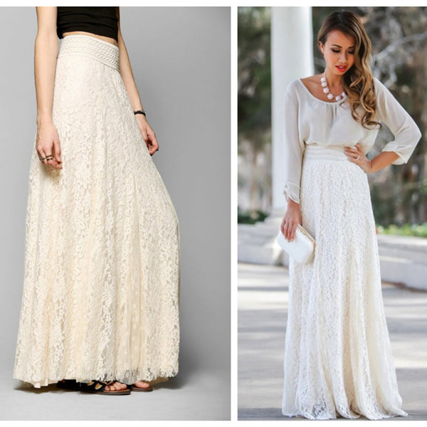 Falda Elegante de Cintura Alta con Encaje Calado y Vuelo Midi