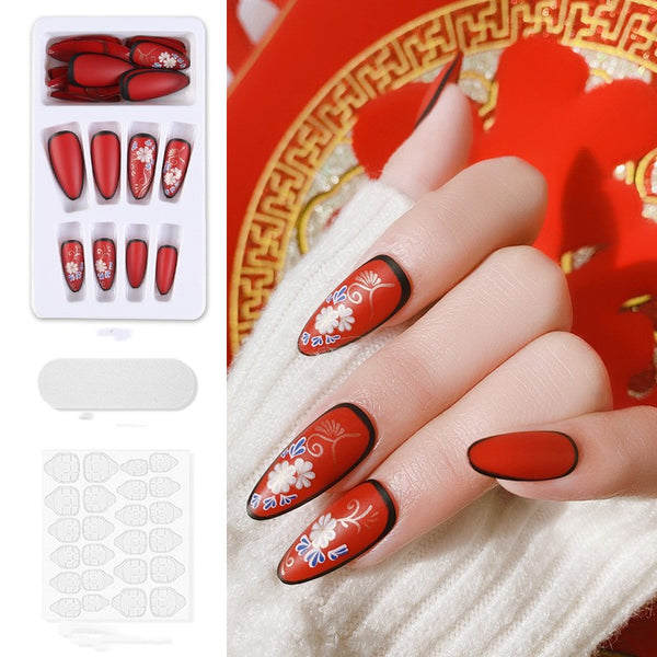 Uñas Postizas Estilo Chino Rojo Brillante - Parches de Manicura Artística