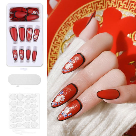 Uñas Postizas Estilo Chino Rojo Brillante - Parches de Manicura Artística