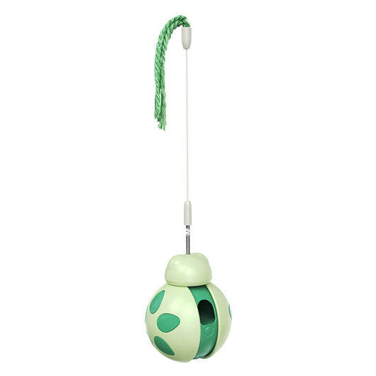 Green and light green plastic cat food leakage toy with a spherical body, cutouts, and a braided rope. - Image 4