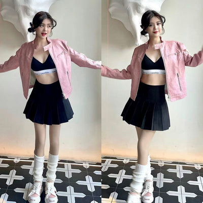 Chaqueta de Cuero Rosa con Cierre y Costuras Decorativas - Image 12