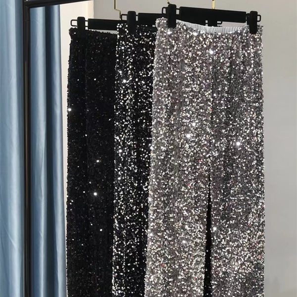 Pantalón Ancho Recto con Lentejuelas Alargado para Mujer