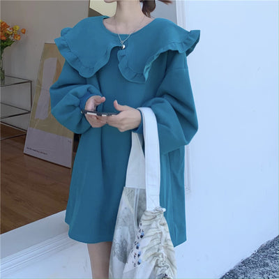 Vestido Suéter Acolchado de Felpa con Cuello Peter Pan