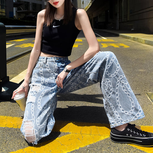 Pantalones Rectos Sueltos Rotos Estilo Papá Drapeado - Image 10